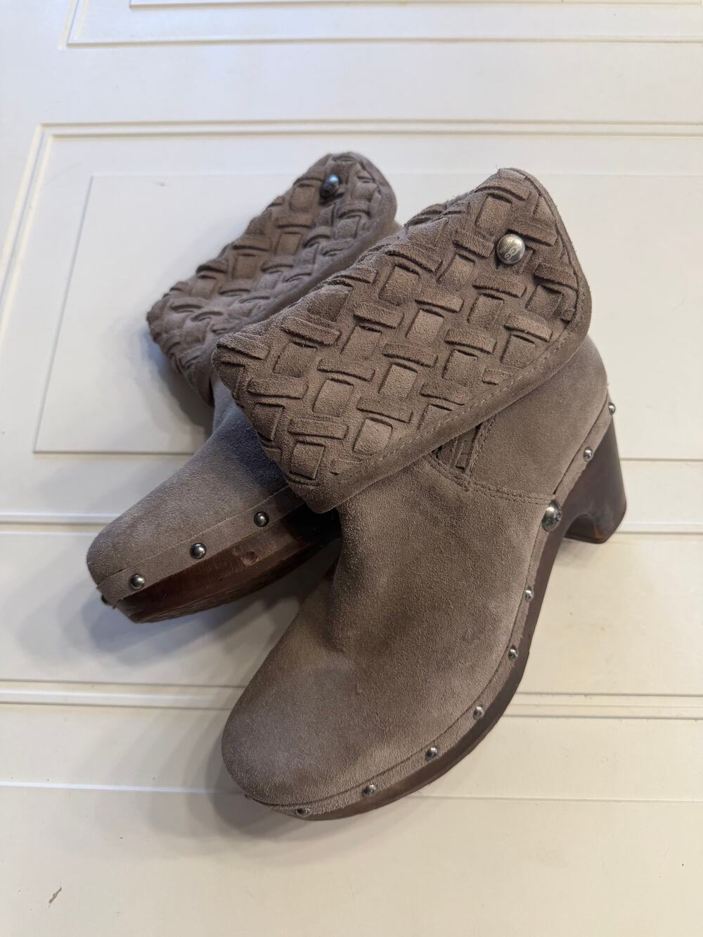 Ugg Womens Sz 9 Gray Tan Lynea Arroyo Weave Clog Convertibel Leather Boots